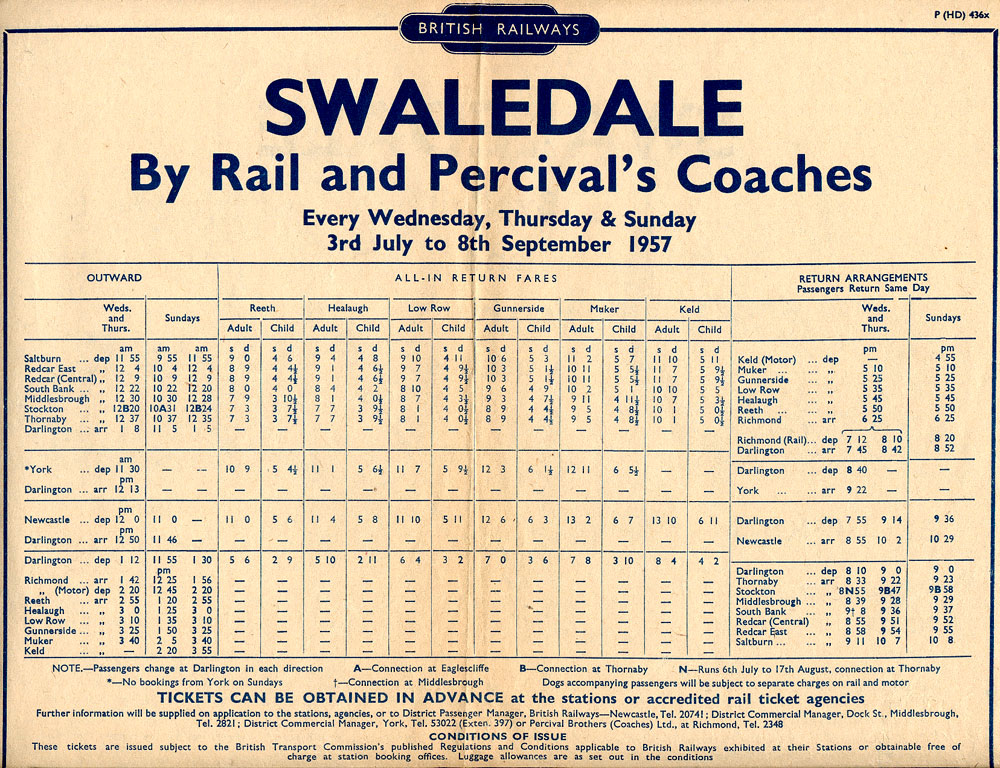 British Railways Swaledale excursions timetable 1957