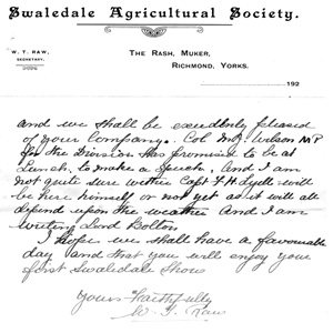 Letter to Major T Metcalfe from W T Raw, secretary Swaledale Agricultural Society dated September 9th 1924