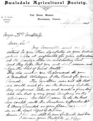 Letter to Major T Metcalfe from W T Raw, secretary Swaledale Agricultural Society dated September 18th 1925